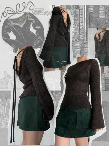 Getadme Womens Y2K Vintage Retro Tie Back Sweaters Flare Long Sleeve Boat Neck Solid Color Knit Backless Pullover Casual Tops